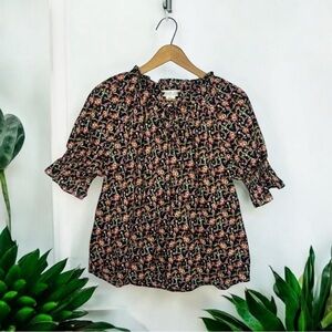 RACHEL ZOE Micro Paisley Print Floral Smocked Sleeve Popover Boho Blouse